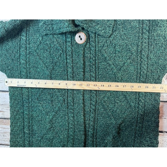 Carraig Donn Wool Cardigan Button Long Sweater L Ireland‎ Green Cable Knit Heavy - Picture 3 of 5